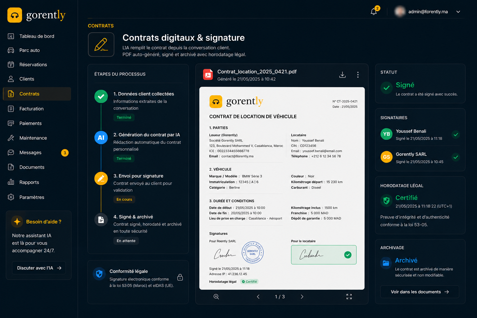 Contrats digitaux GoRently — génération IA, signature électronique et archivage légal